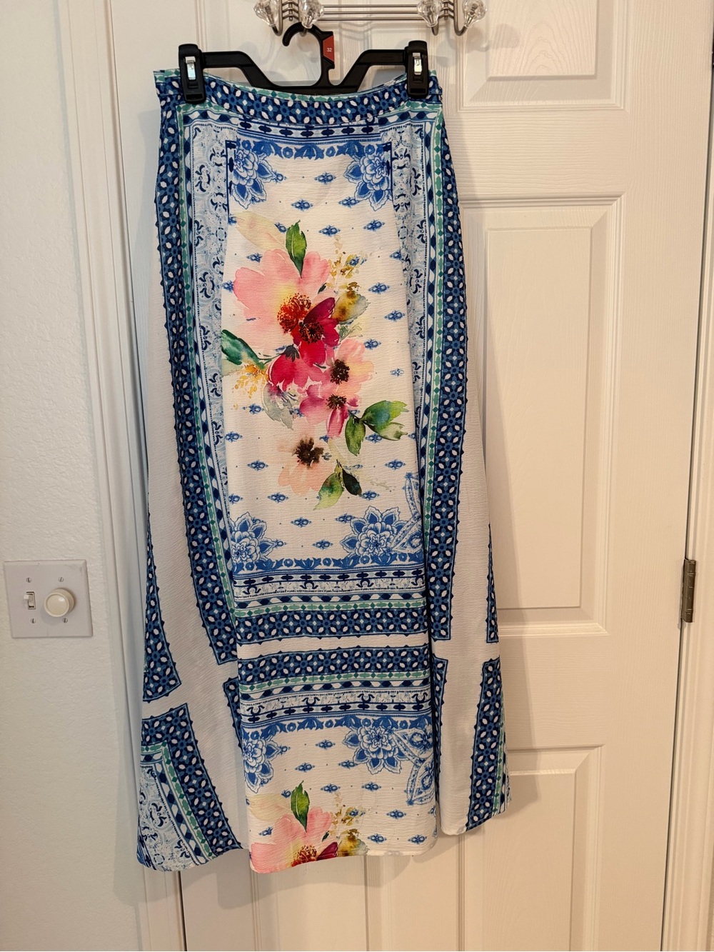 Aratta Blue wFloral Panel Maxi Skirt with Pink Accent Flowers